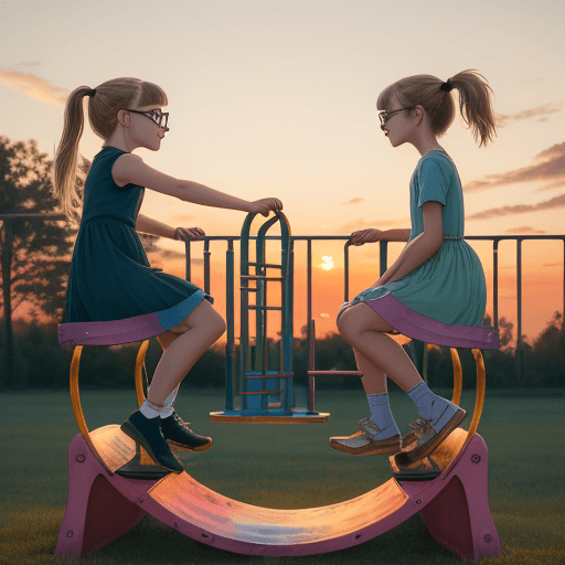 AI generated: watercolor effect, Golden hues of a distant sunset. Inside two young girls sitting an playing on an ...