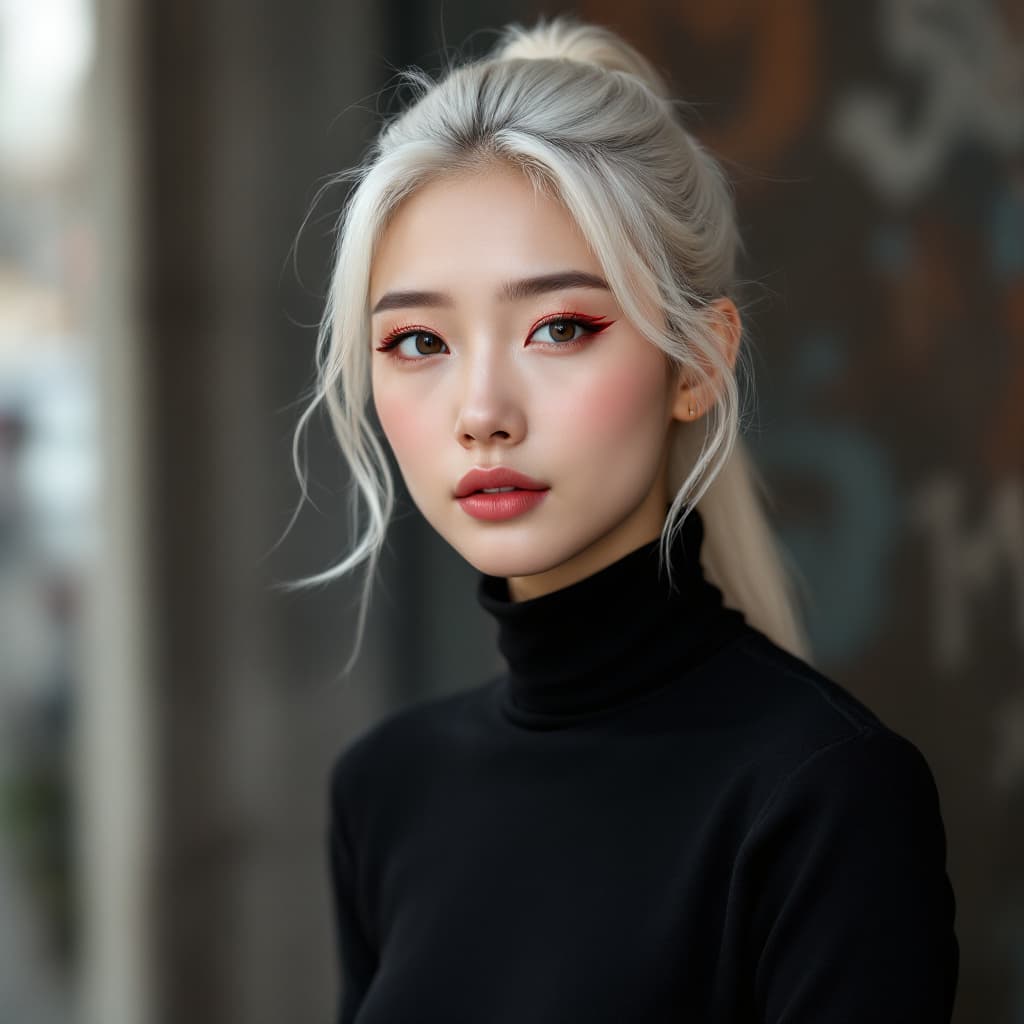 AI generated: Portrait of an East Asian woman with platinum blonde hair tied in a high ponytail, full face and hai...