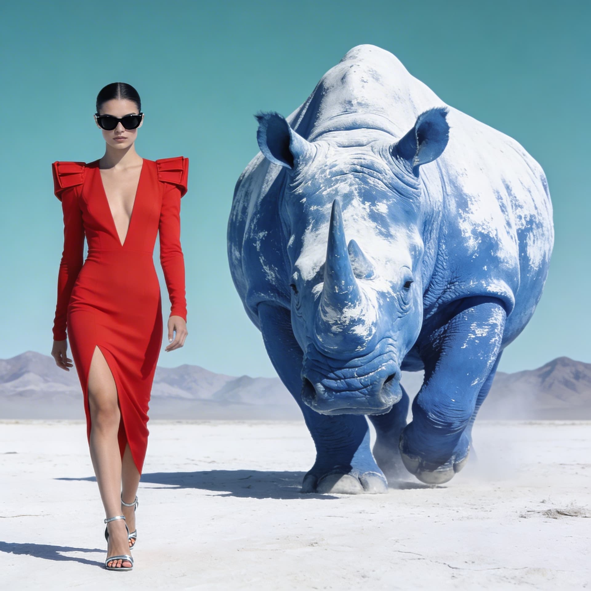 AI generated: {
  "scene": {
    "type": "editorial fashion surrealism",
    "location": "barren white desert with...