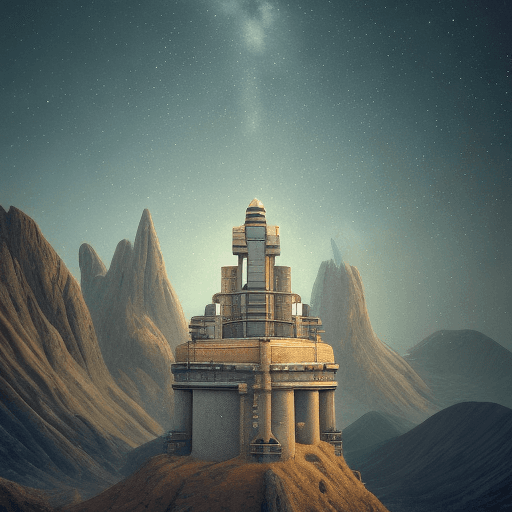 AI generated: a lonely spire in the middle of the mountain range and a girl with a telescope in it, in front of, e...