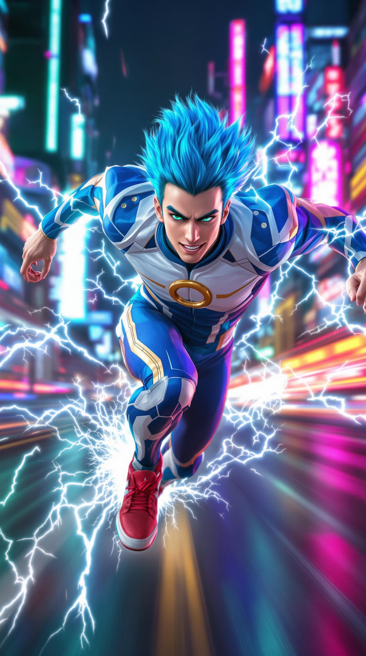AI generated: A hyper-realistic image of a young, energetic man with wild, electric blue hair styled into spikes, ...