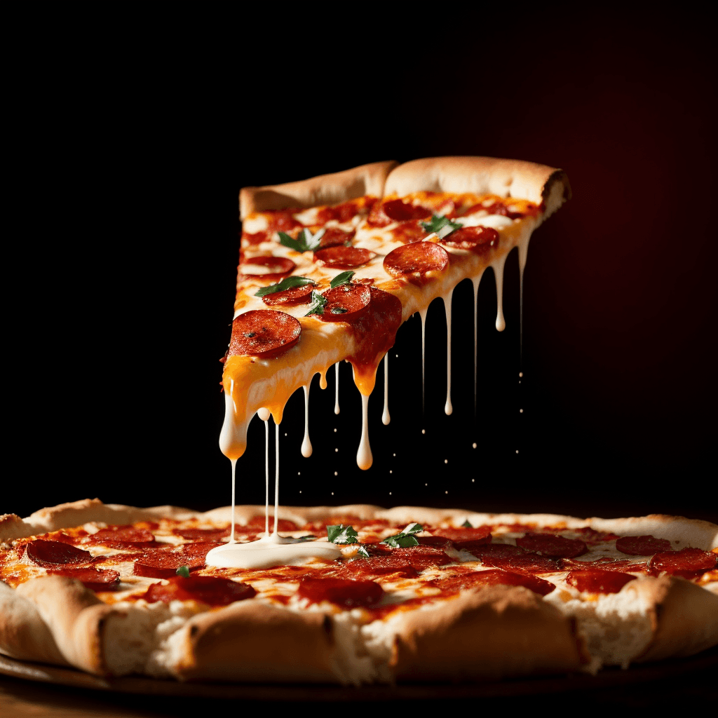 AI generated: [pepperoni pizza slice] flying against a [red] background, in the style of sabattier filter, high de...