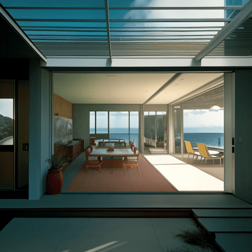 AI generated: Hyper realistic eye level exterior photo of a mid century modern style house overlooking the ocean, ...