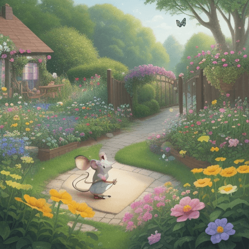 AI generated: a charming garden scene with cute mouse and vibrant flowers, detailed and realistic, with butterflie...
