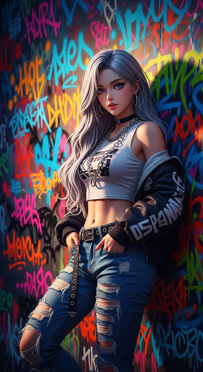AI generated: hyper-stylized streetwear girl, realistic anime fusion style, long silver hair, casual pose against ...