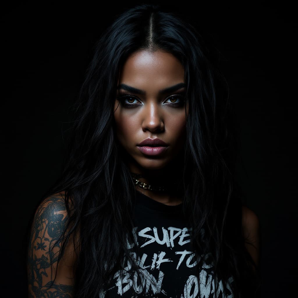 AI generated: a moody, cinematic photograph of a mysterious female rapper with lush, long hair cascading down her ...