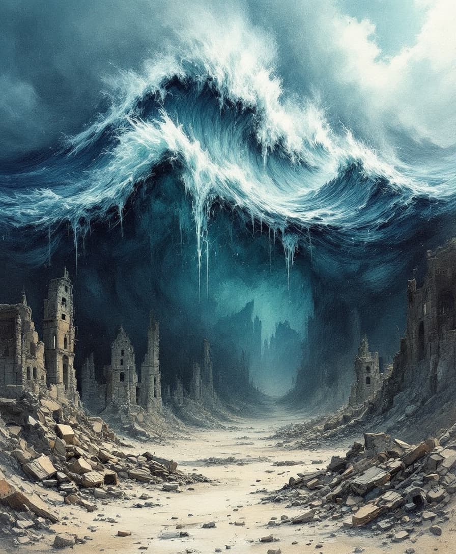 AI generated: surreal epic abstract double exposure fantasy rough hand-painted sketch featuring in the top half of...