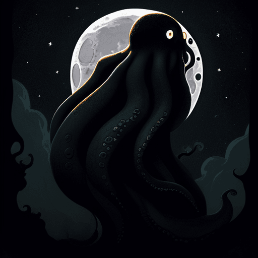 AI generated: Giant octopus, tentacles enveloping the moon, darkness of space, small stars, art style inspired by ...