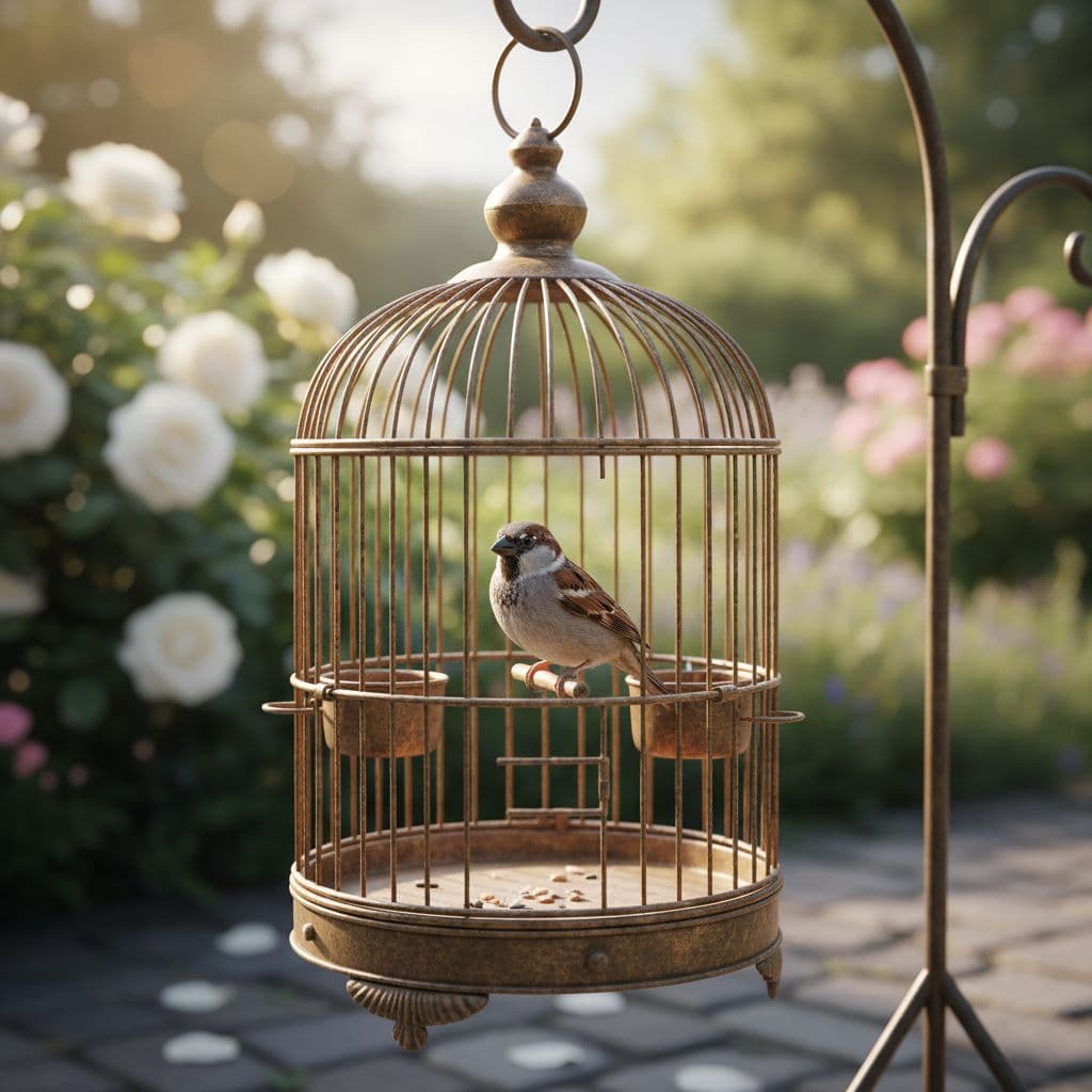AI generated: haz que el pajaro sea un gorrión en una jaula. 
