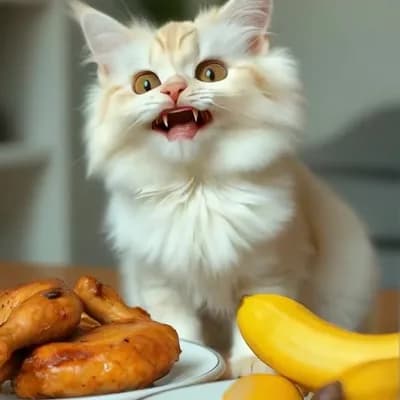 AI generated video: Cat with joyful expression looks at chicken and turns to Banana, repeatedly looking, first chicken t...