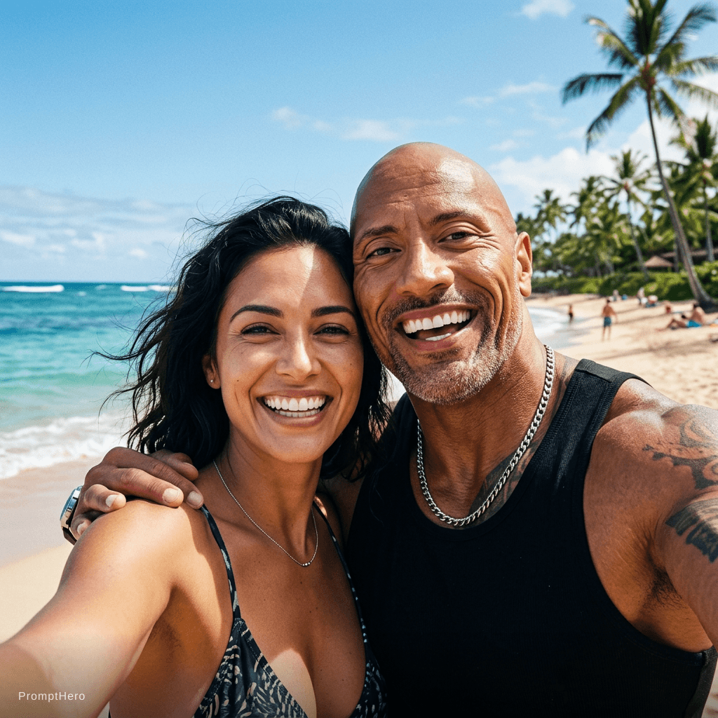 AI generated: with Dwayne Johnson at a tropical beach, sunny day, both smiling
