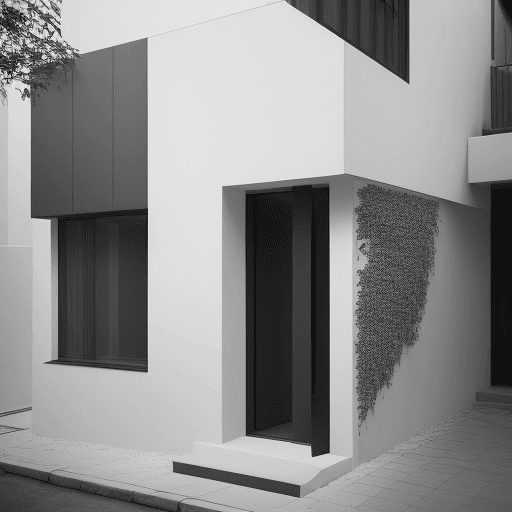 AI generated: photography, minimalist small building facade design, Canon EOS 5D Mark IV, depth of field that high...
