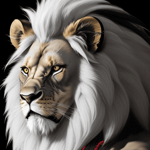 AI generated: Lion, traditional japanese, black background, white hair, angry expression, close up, realist, head.
