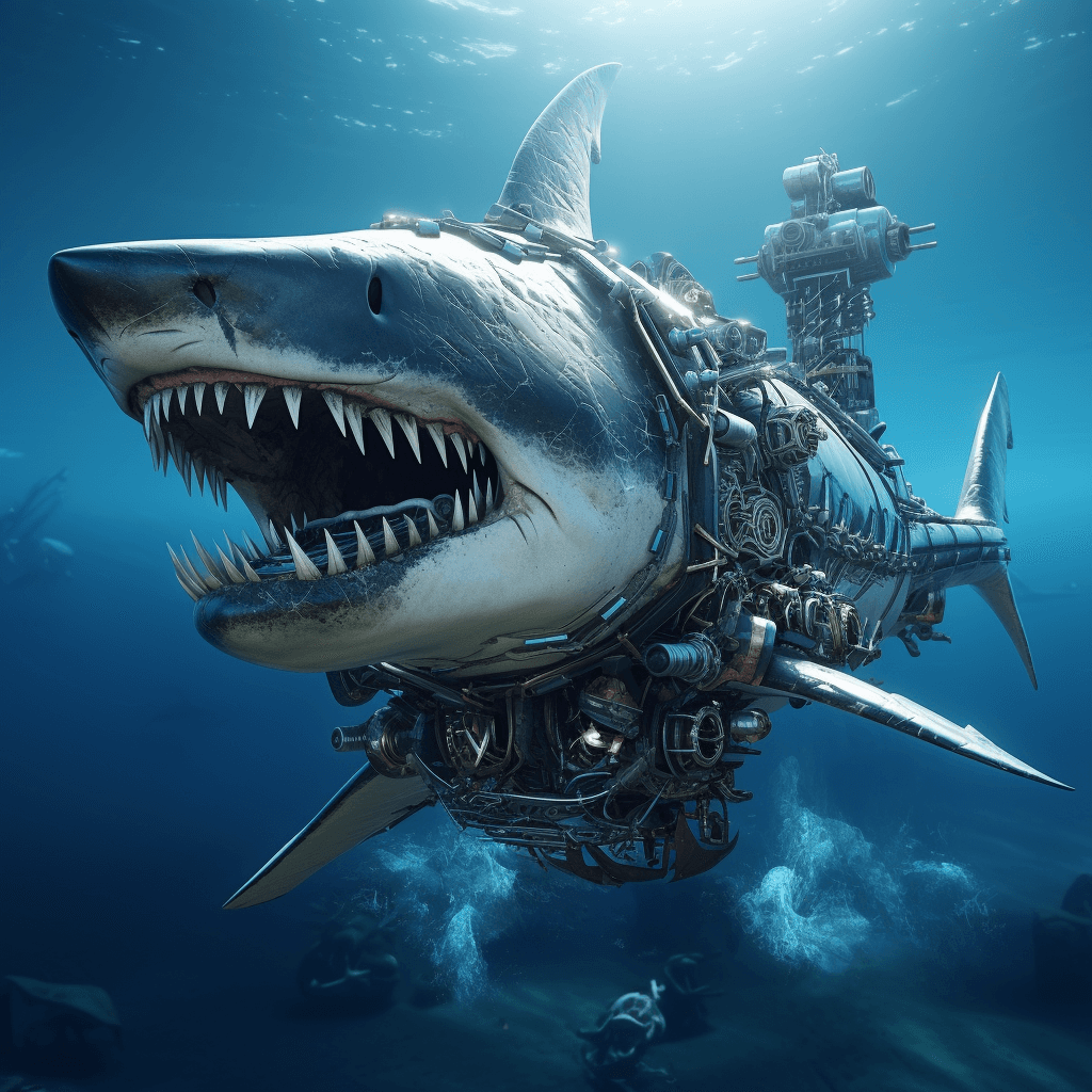 AI generated: big megalodont shark half with spears and gears no legs or arms, half real, intricate mech spears, u...