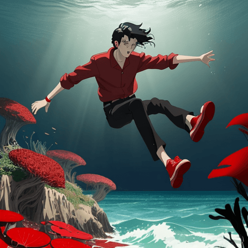 AI generated: make a picture of a young man falling inside the ocean. Black hair. Red. Background with lights and ...