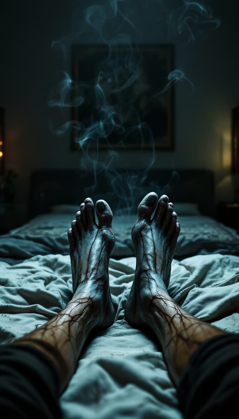 AI generated: POV first-person, I am a jinn lying on my bed. Only my feet are visible in the frame.

My legs are s...