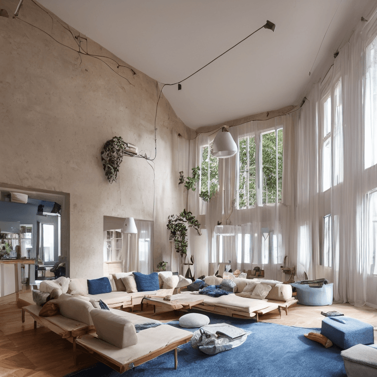 AI generated: high resolution photography interior design, dreamy sunken living room conversation pit, wooden floo...