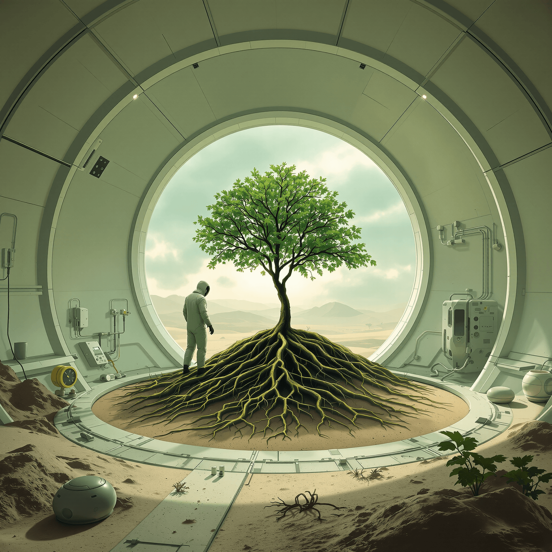 AI generated: minimalist sci-fi, concept art, lone figure in protective suit tends to last tree in hermetically se...
