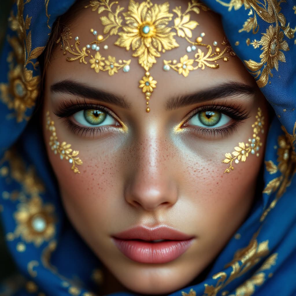 AI generated: Close-up of a stunning woman with deep green eyes, intricate golden facial embellishments in floral ...