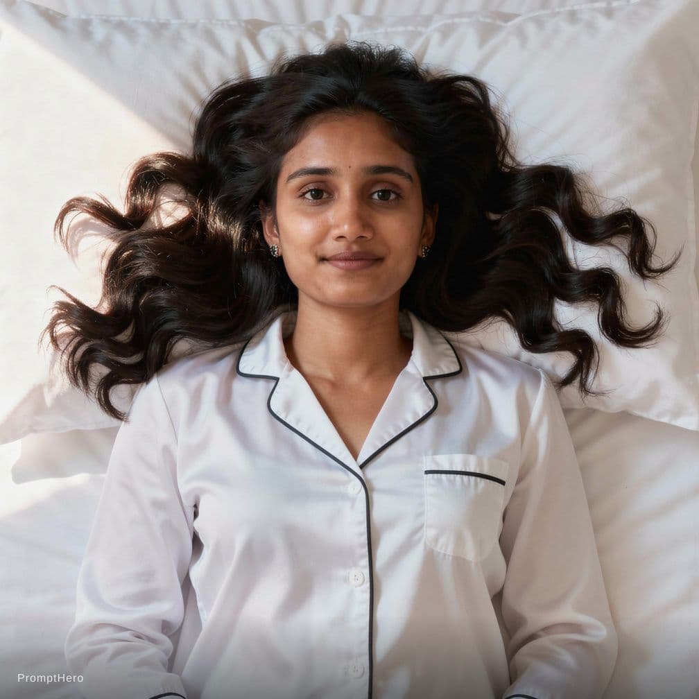 AI generated: Create a high-resolution photograph of a fit adult woman lying on her back in a bed covered with pri...