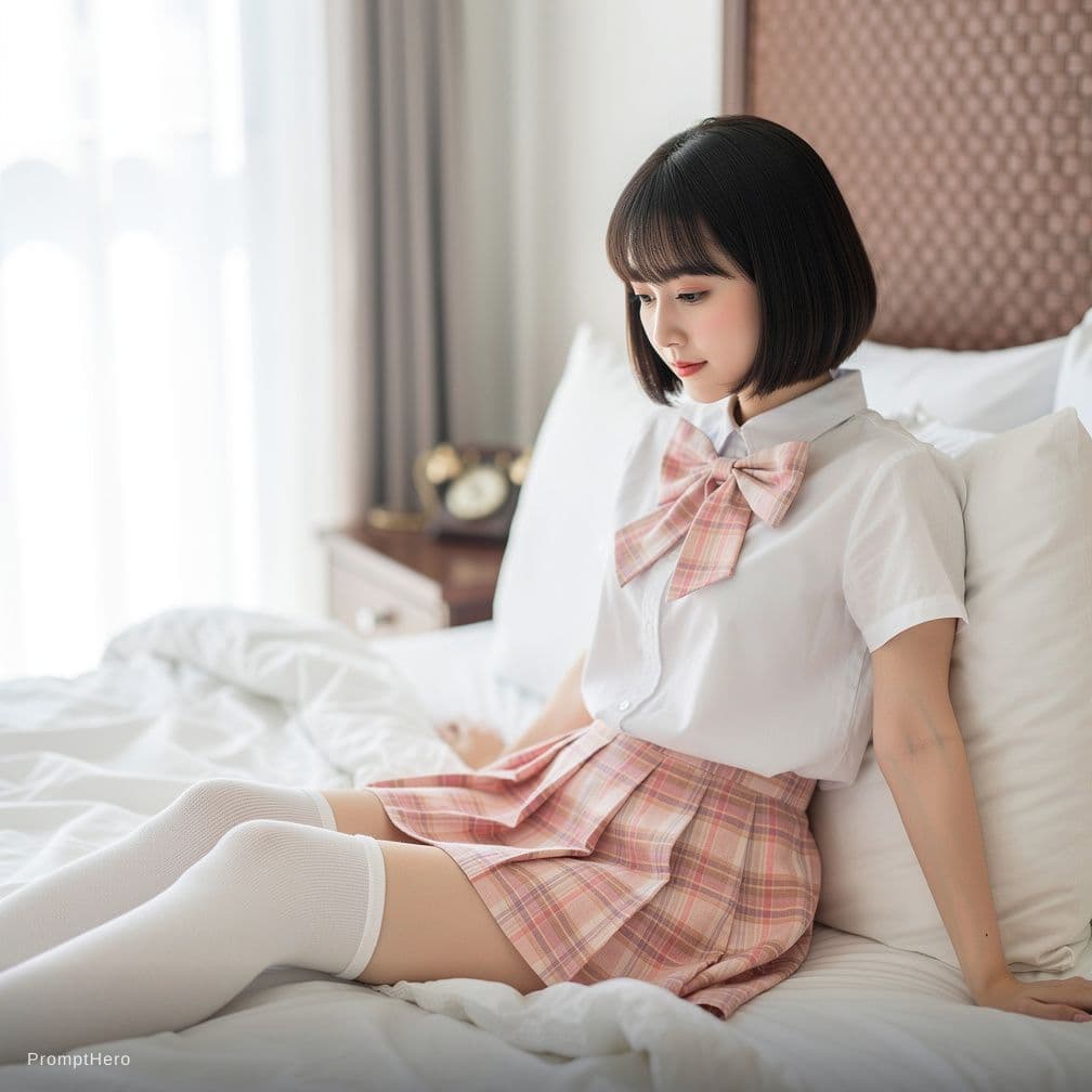 AI generated: a photorealistic, soft-focus indoor boudoir/gravure-style portrait of a petite, beautiful young Asia...