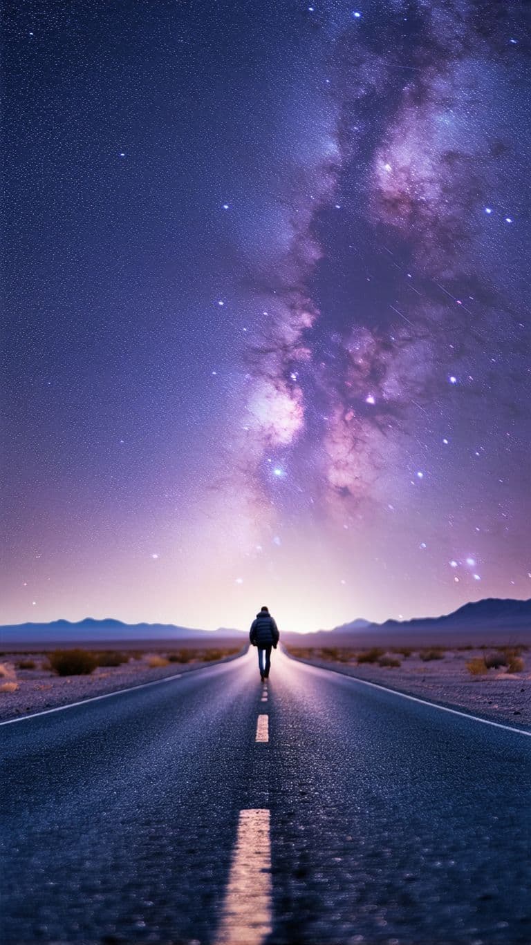AI generated: "A person walking on an empty road in the middle of a vast desert, the sky full of stars, representi...