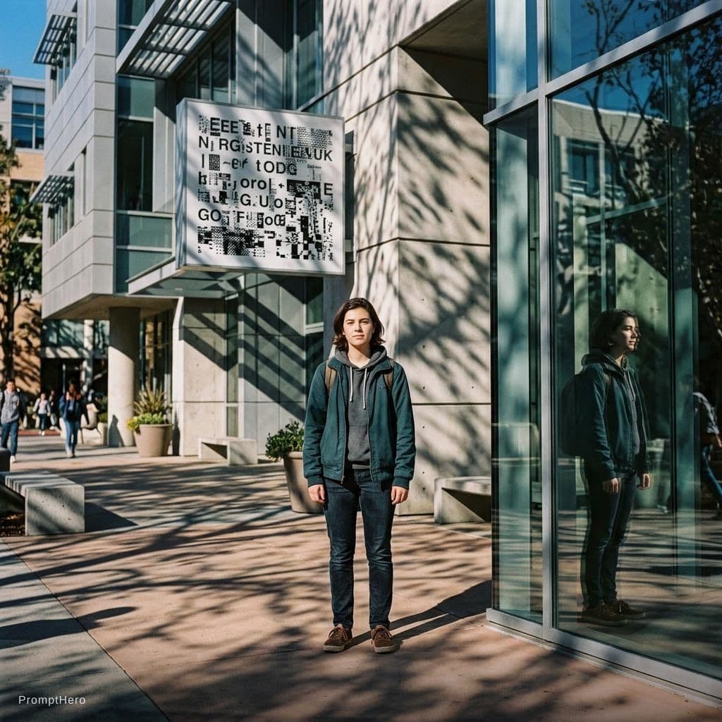 AI generated: A person standing confidently in front of a modern campus building during daytime, with a large, pro...