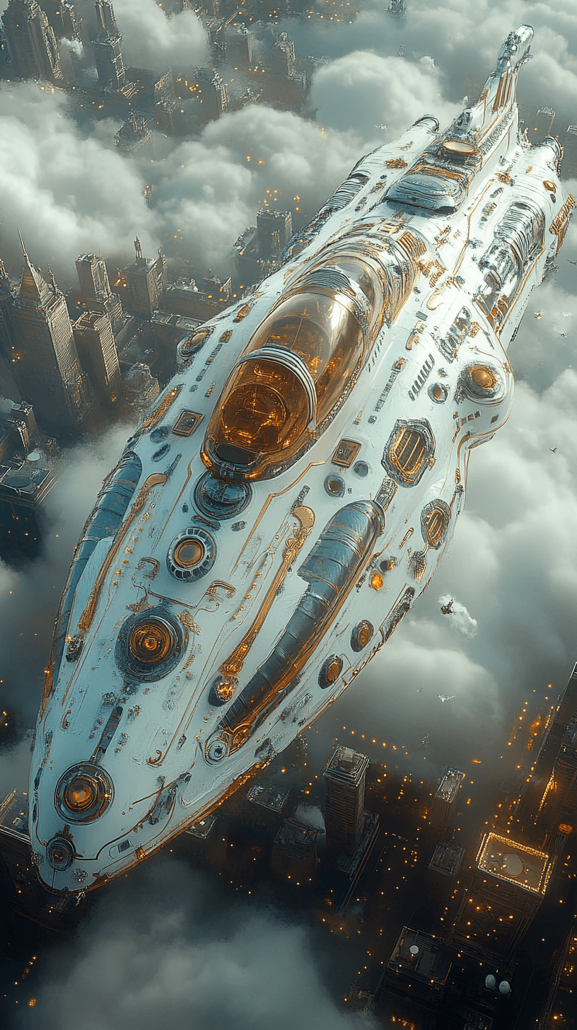 AI generated: The hyper realistic steampunk aircraft vessel has intricate white-black and gold designs with silver...