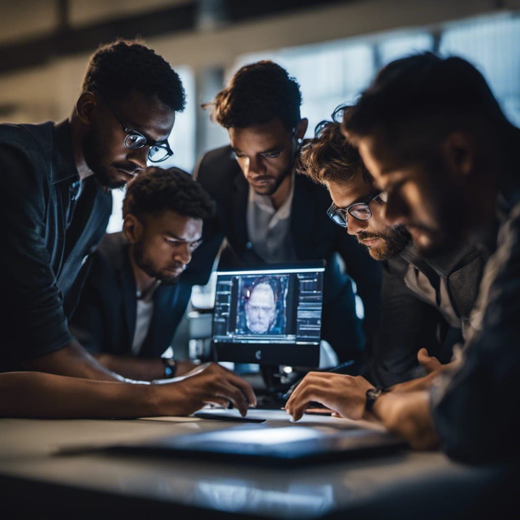 AI generated: A team of professionals huddled around a computer, their faces lit up with concentration as they col...