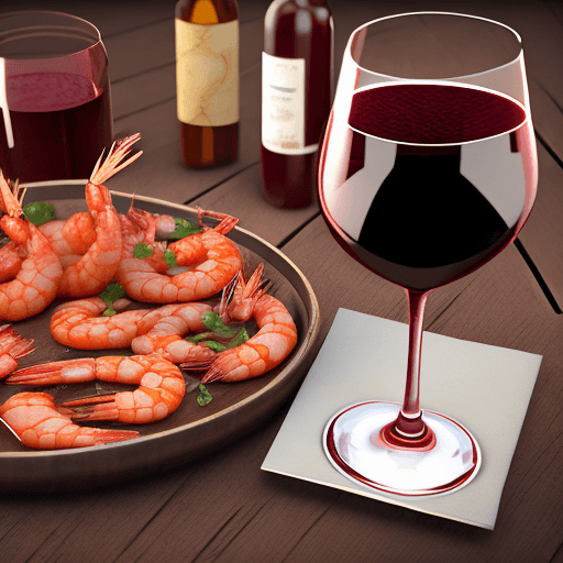 AI generated: garlic prawns and chorizo with red wine. in a bar mood, on a wooden table, delicious, cinematic, hyp...