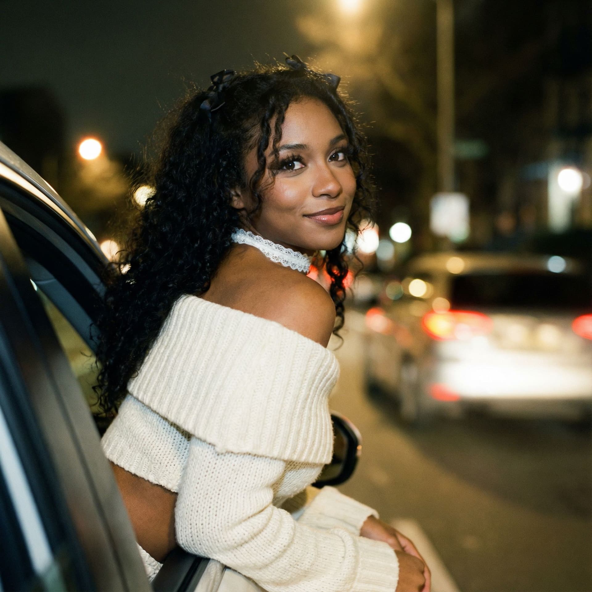 AI generated: Create a ccolor photo of me leaning my back out the window car like a dark dreamy blurry vintage win...