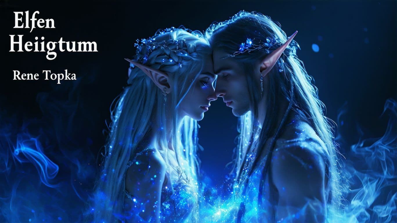 AI generated: A fantasy-themed digital artwork featuring two elf-like figures in an intimate moment against a dark...