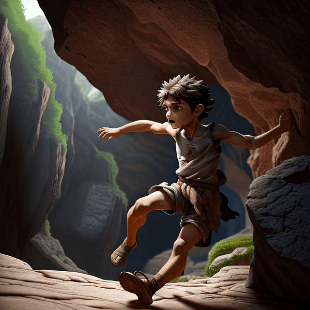 AI generated:  a young prehistoric boy runs in a cave, side view, 8k