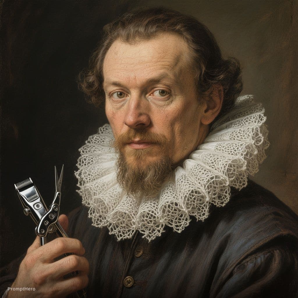AI generated: Dutch Golden Age portrait,of a man holding hair clippers 17th century. dark background, white lace r...