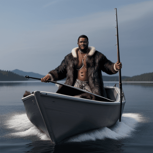 AI generated: Black man wearing wolf pelt inside a boat fishing hyper-realistic image