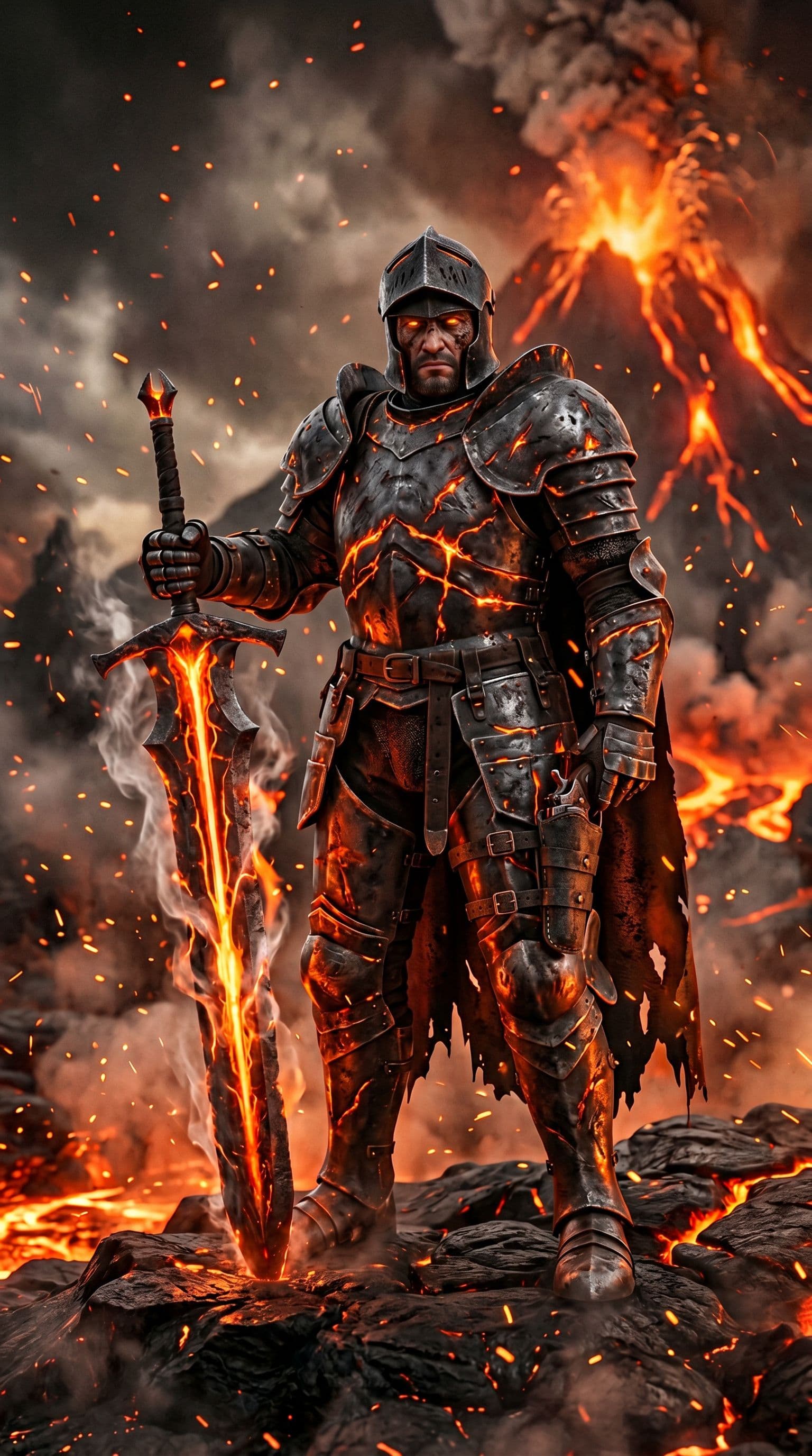 AI generated: A full-body portrait of a male infernal warden clad in scorched iron armor veined with ember-lit cra...