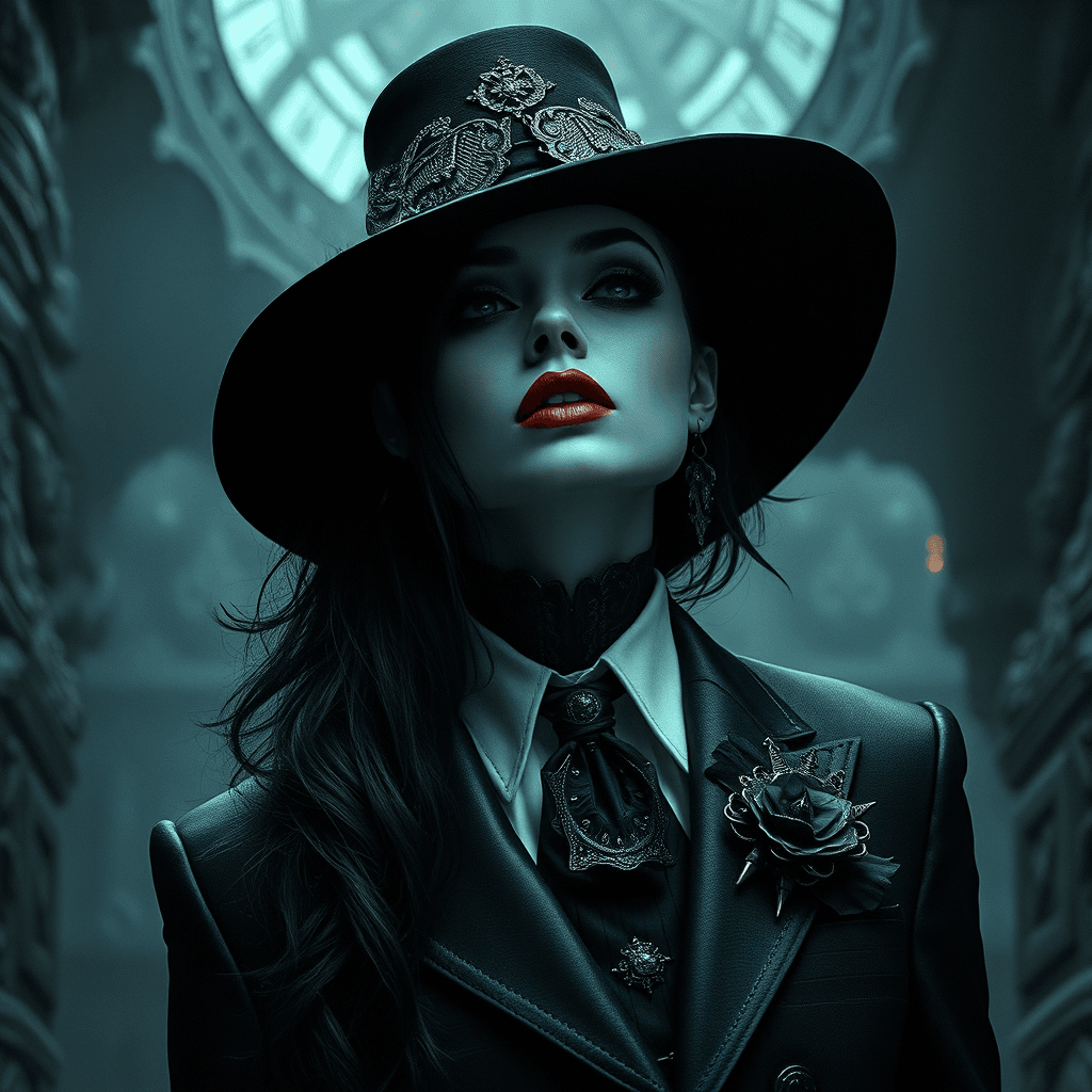AI generated: black an white focus calm and gothic mood; even, dark lighting focusing on gucci style suit and goth...
