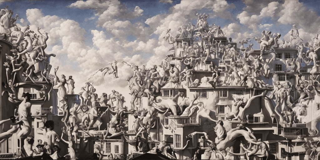 AI generated: painting, rooftop, neo rauch, painting with incomparable reality, intricate details