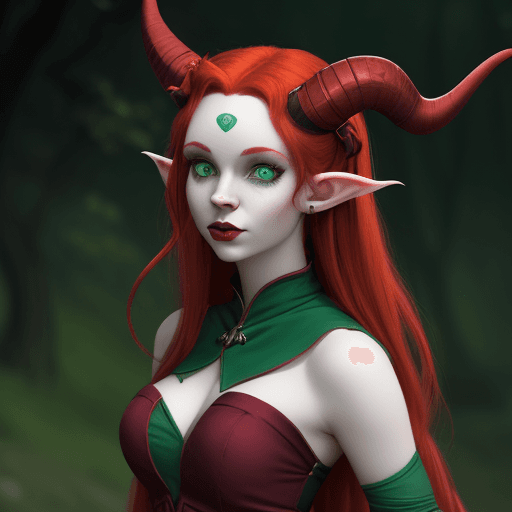 AI generated: Tiefling woman barde short dress long red hair two horns and two side buns pale skin green bright ey...