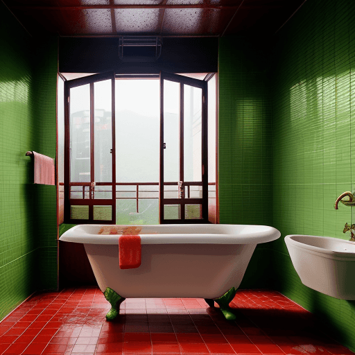 AI generated: An old bathroom in Taiwan, with green wall tiles and red floor tiles, hot water in the bathtub, a vi...
