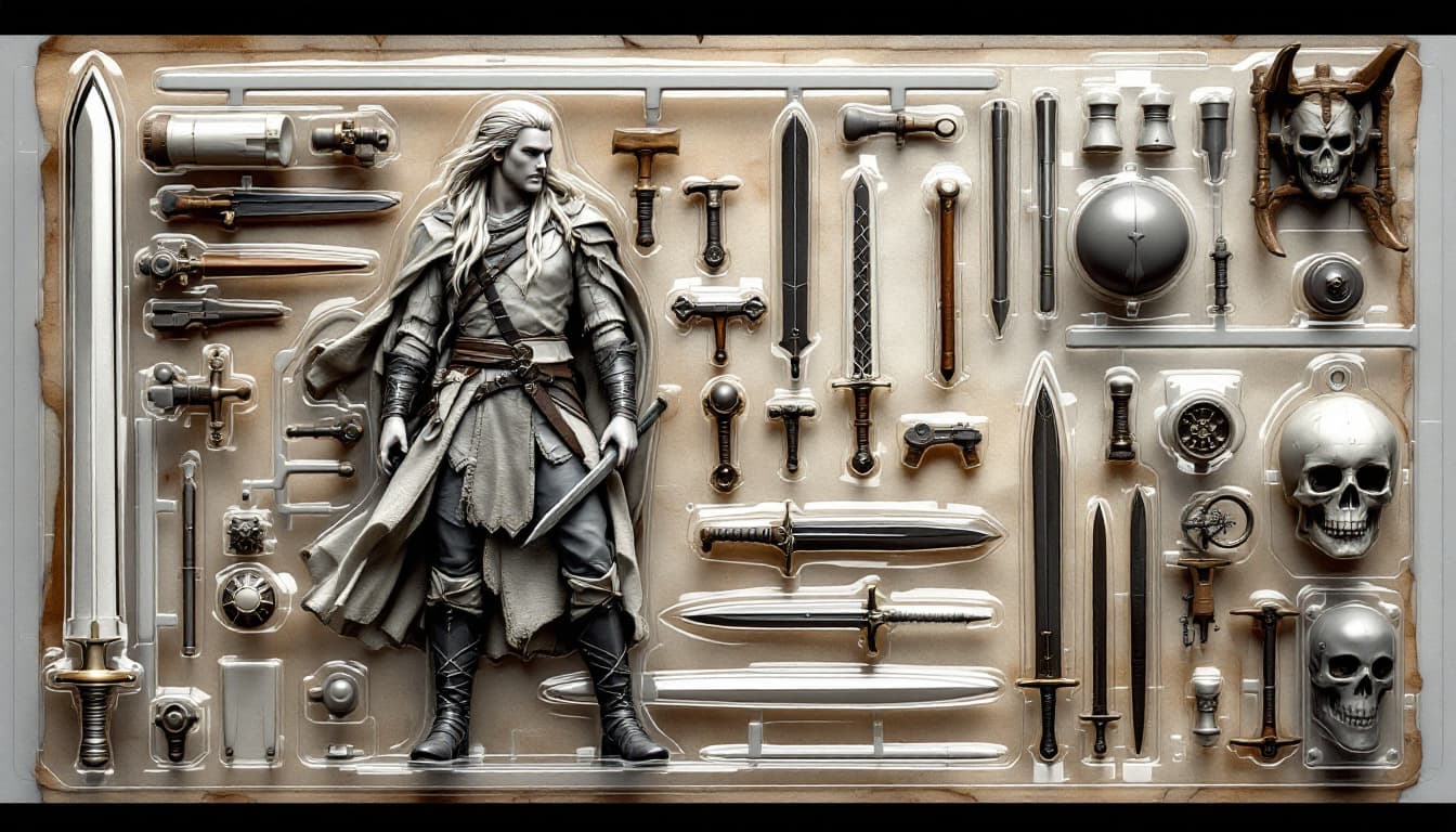 AI generated: plastic model kit style image featuring Legolas 
as a plastic action figure with sword and weapons, ...