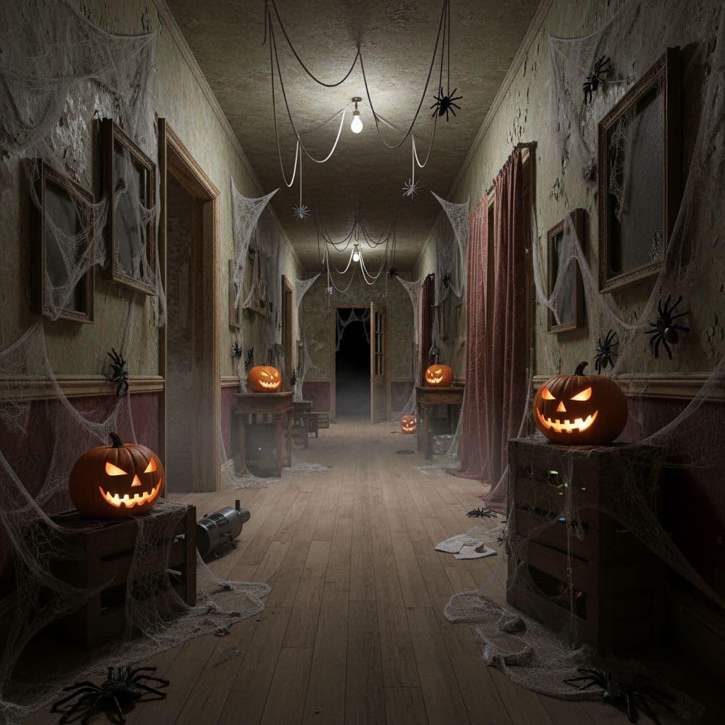 AI generated: Background of creepy abandoned hallway with flickering lights, Halloween haunted house theme, photo-...