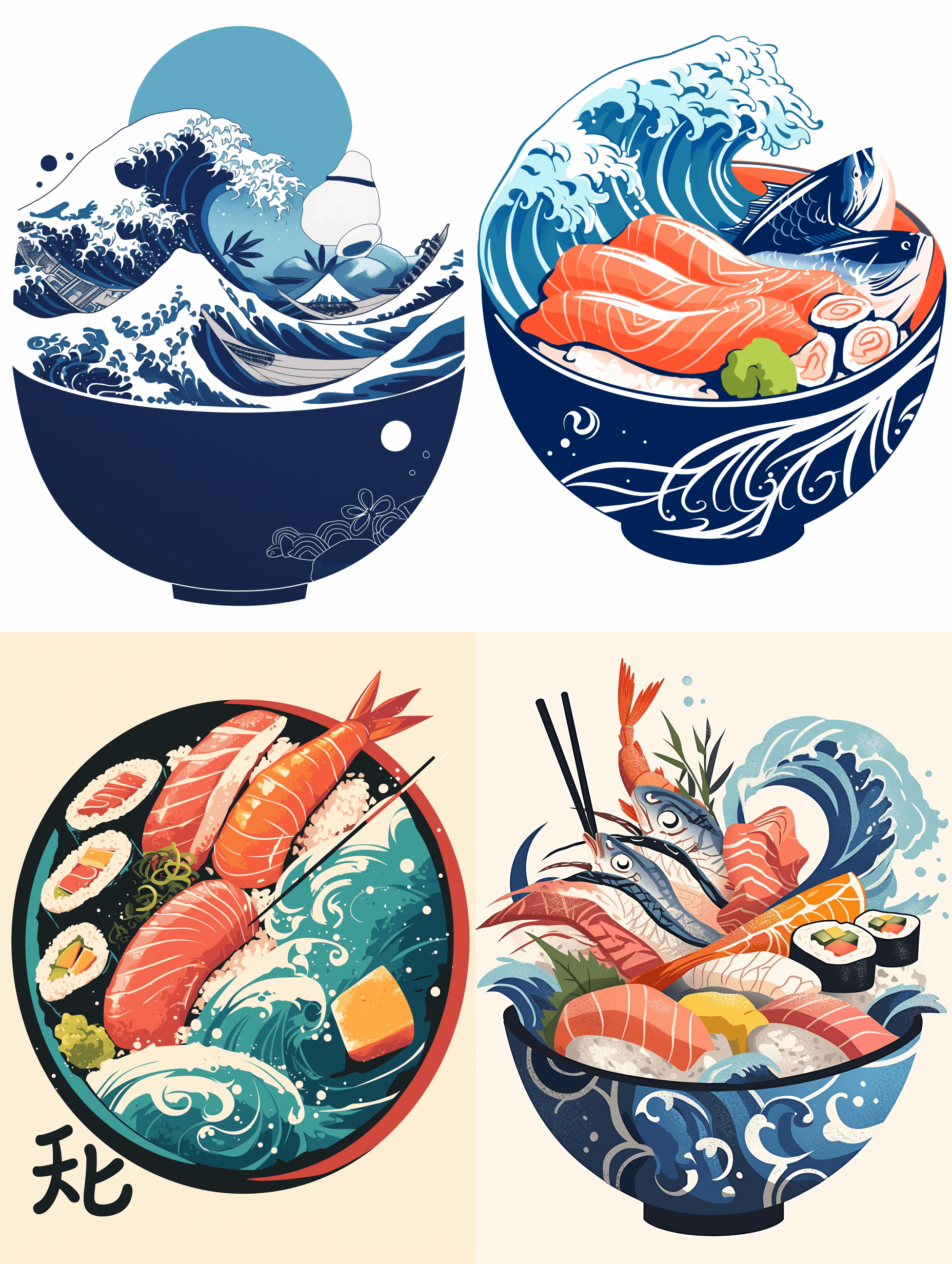 AI generated: Japanese style logo of a sushi restaurant, a sashimi bowl with blue waves --s 50