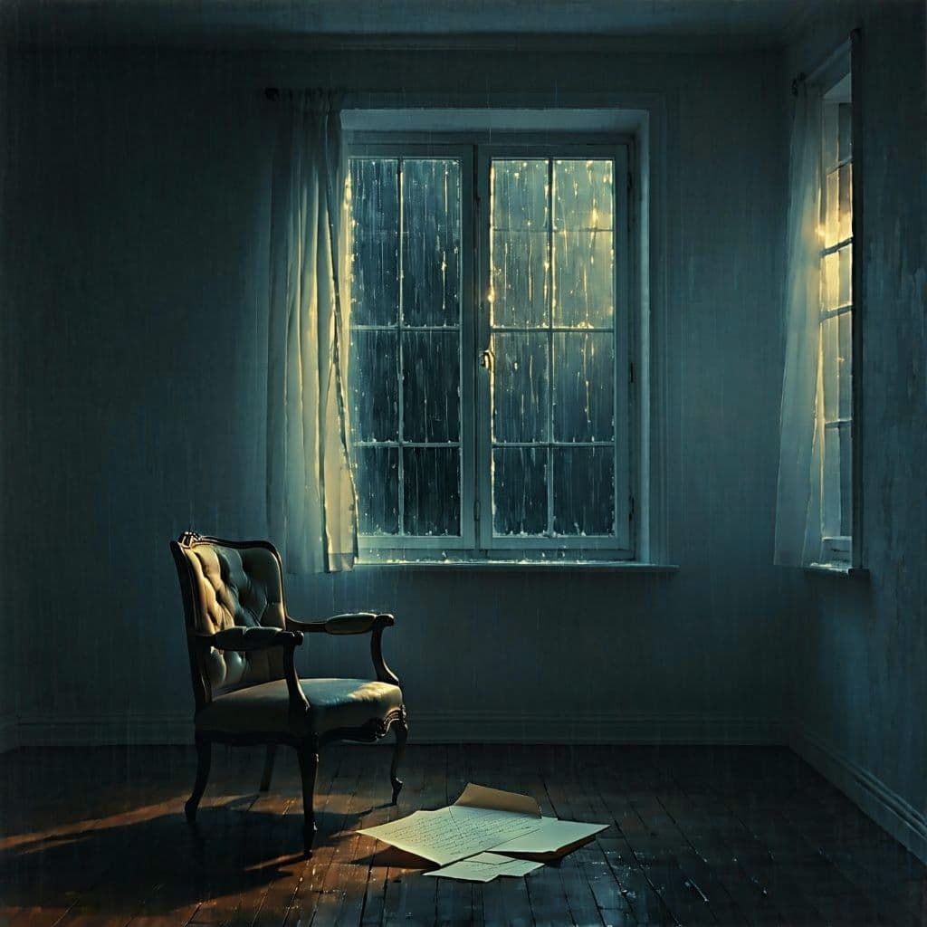 AI generated: A melancholic and emotional album cover featuring a dimly lit room with an empty chair facing a rain...