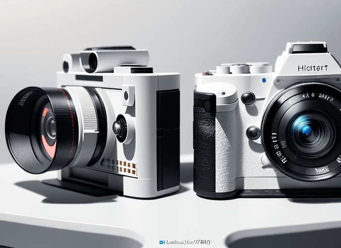 AI generated: Two different cameras, arranged in a line on a white surface, front view, photo realistic, highly de...