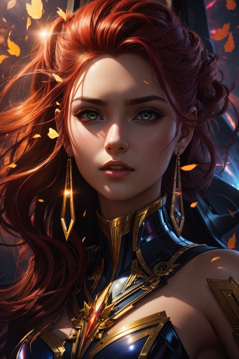 AI generated: a full photo of jane,godess of dark elves x-men dark phoenix, red hair and gold eyes, ultra realisti...