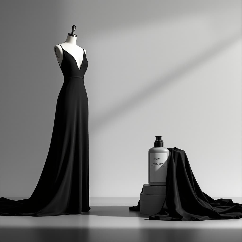 AI generated: -0-The image shows a couture mannequin wearing an elegant celebrity gown, free of sequins and shiny ...