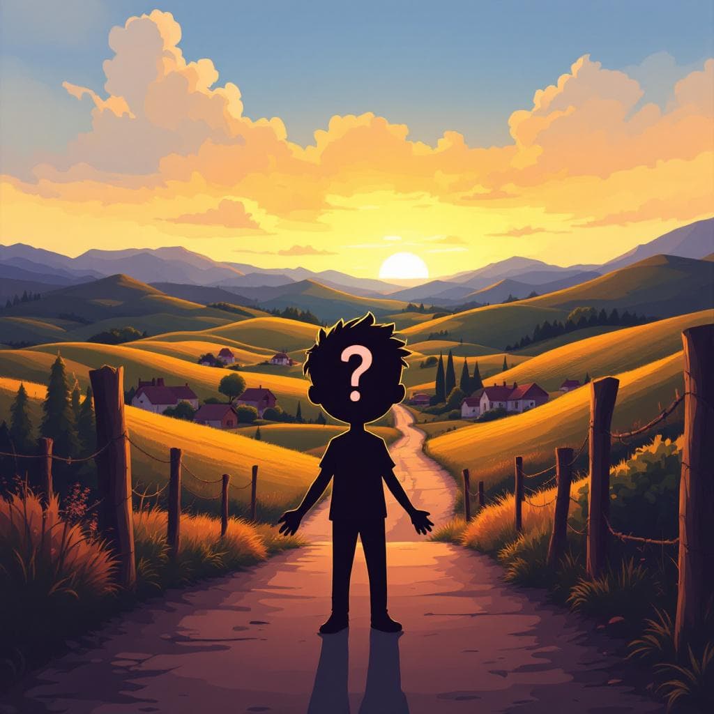AI generated: Cartoon style illustration of a person silhouette with question mark face, standing at the entrance ...