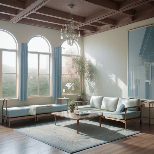 AI generated: Omori High resolution photography interior design, dreamy sunken living room conversation pit, woode...