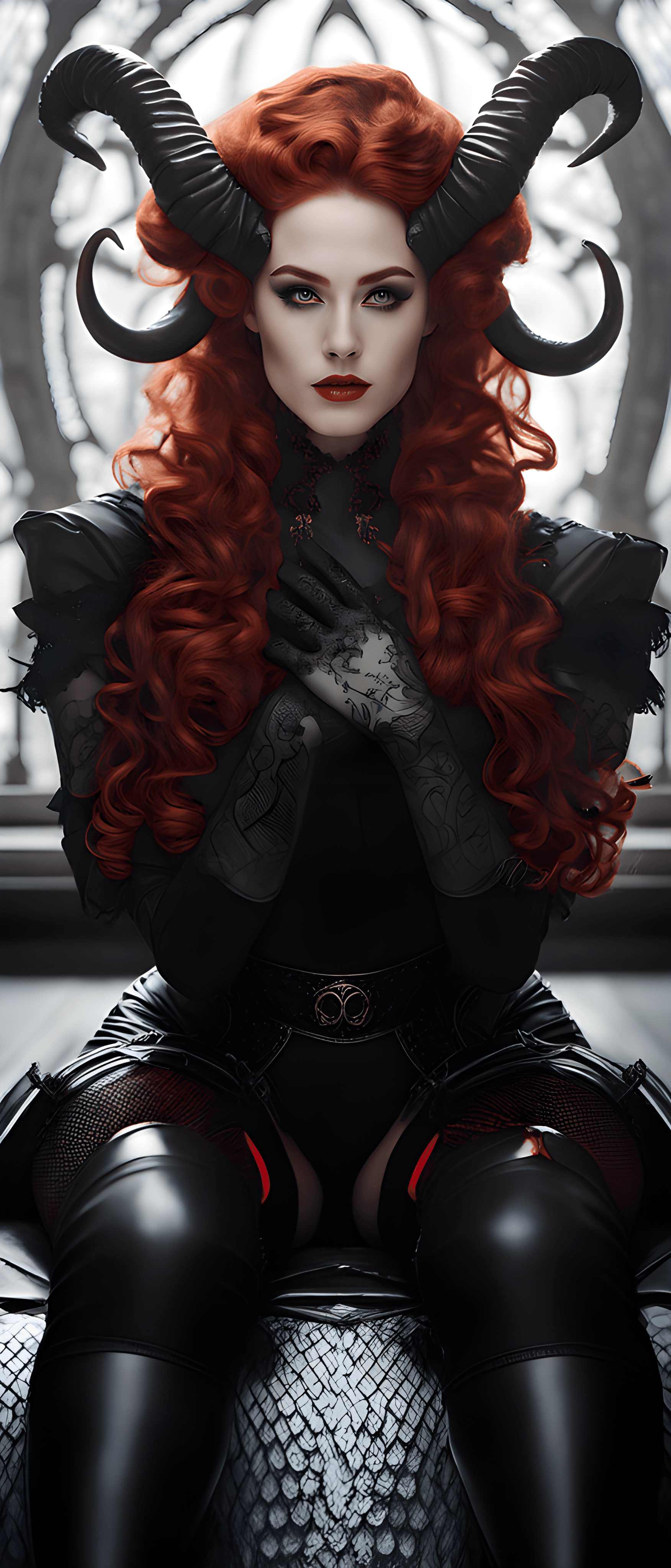 AI generated:  creature sitting with legs crossed, curly red hair, gloves, black stockings, highly detailed face, ...